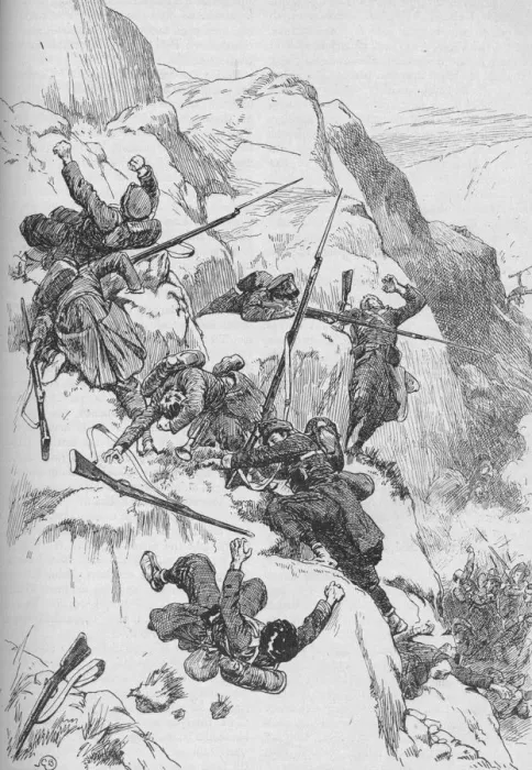 Framed Print : The Routed Spaniards Clambered Up The Rugged Sides 1902. Artist: GB Framed Print : The Routed Spaniards Clambered Up The Rugged Sides 1902. Artist: GB