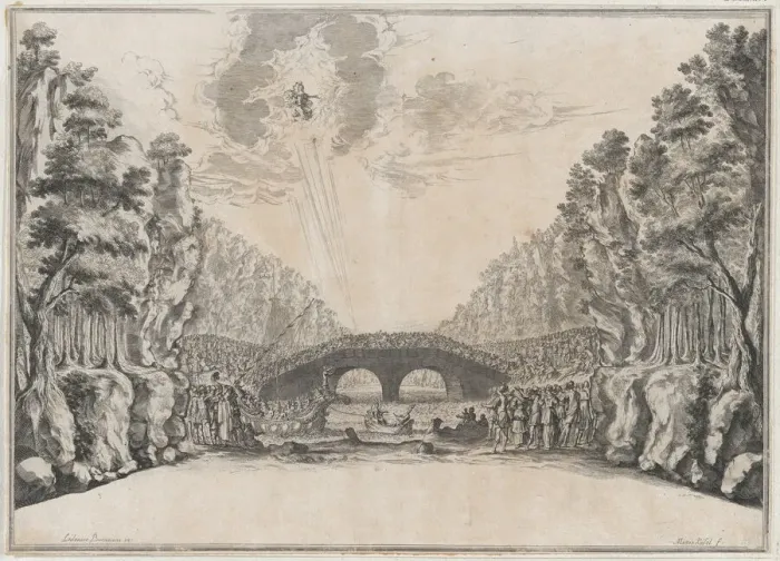 Framed Print : A row boat leading a ship to shore while a large group of figures looks on from the coast... 1674. Creator: Mathaus Küsel Framed Print : A row boat leading a ship to shore while a large group of figures looks on from the coast... 1674. Creator: Mathaus Küsel