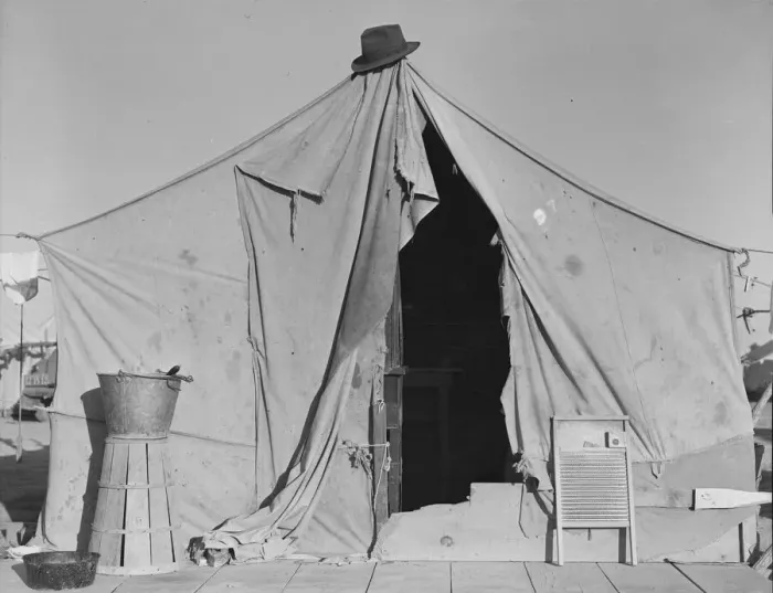 Framed Print : One of a row of tents, home of a pea picker, near Calipatria, Imperial Valley, California, 1939. Creator: Dorothea Lange Framed Print : One of a row of tents, home of a pea picker, near Calipatria, Imperial Valley, California, 1939. Creator: Dorothea Lange