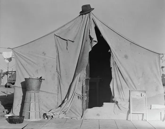 Framed Print : One of a row of tents, home of a pea picker, near Calipatria, Imperial Valley, CA, 1939. Creator: Dorothea Lange Framed Print : One of a row of tents, home of a pea picker, near Calipatria, Imperial Valley, CA, 1939. Creator: Dorothea Lange