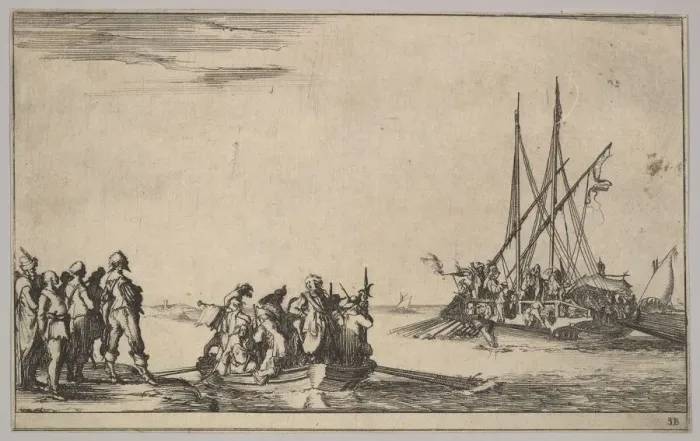 Framed Print : A rowboat full of men in center, a group of men standing on shore at left Framed Print : A rowboat full of men in center, a group of men standing on shore at left