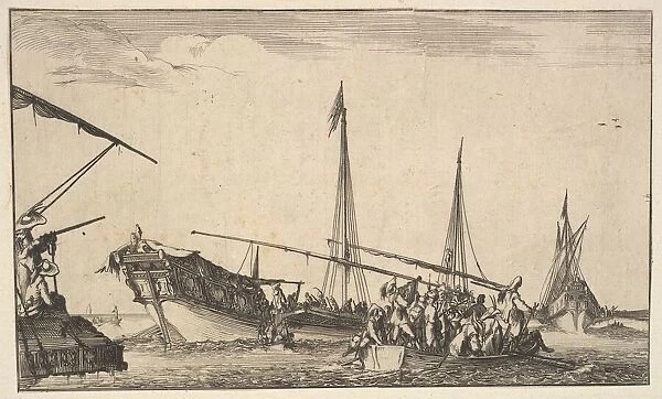 A rowboat full of men at right, a ship with men descending into a rowboat behind to left