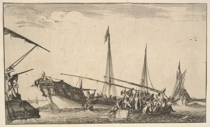 Framed Print : A rowboat full of men at right, a ship with men descending into a rowboat behind to left