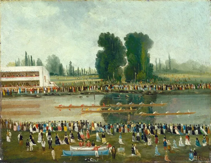 Framed Print : Rowing Scene: Crowds Watching from the River Banks, late 19th century. Creator: E. Levy Framed Print : Rowing Scene: Crowds Watching from the River Banks, late 19th century. Creator: E. Levy
