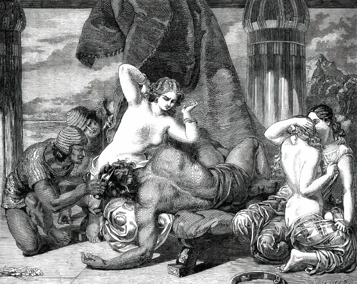 Framed Print : Royal Academy Exhibition - No. 16 - Samson Betrayed, painted by F. R. Pickersgill, A.R.A. 1850. Creator: George Dalziel. Royal Academy Exhibition - No. 16 - Samson Betrayed, painted by F. R. Pickersgill, A.R.A. 1850