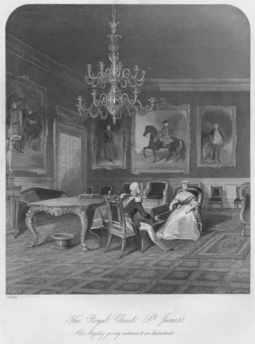 Framed Print : The Royal Closet. - St. James s. Her Majesty giving audience to an Ambassador, c1841. Artist: Henry Melville Framed Print : The Royal Closet. - St. James s. Her Majesty giving audience to an Ambassador, c1841. Artist: Henry Melville