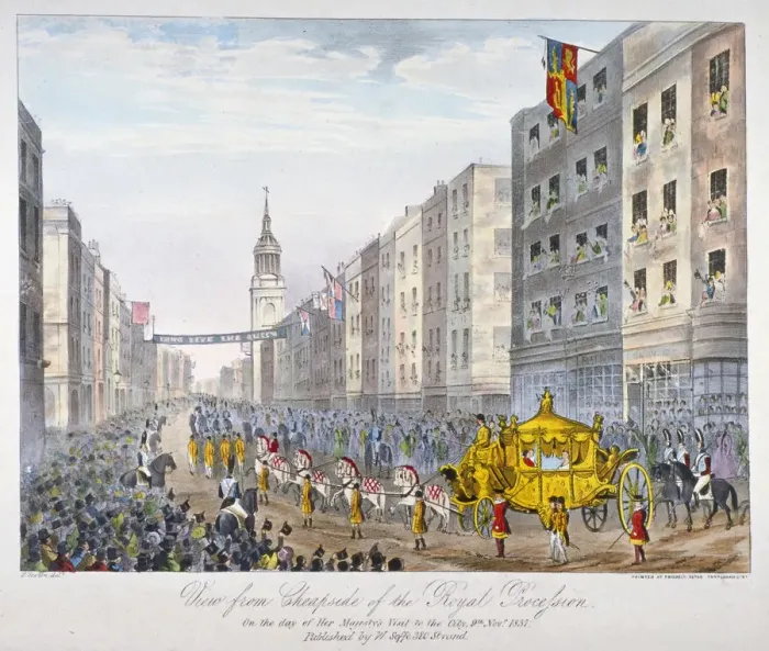 Framed Print : Royal coach on Cheapside, City of London, 1837. Artist: A Friedel Framed Print : Royal coach on Cheapside, City of London, 1837. Artist: A Friedel