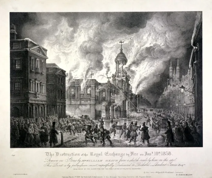 Framed Print : Royal Exchange (2nd) fire, 1838. Artist: J Graf Framed Print : Royal Exchange (2nd) fire, 1838. Artist: J Graf