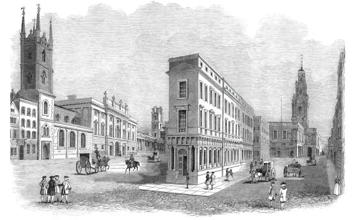 Framed Print : The Royal Exchange and Bank buildings, in 1780, 1844. Creator: Unknown Framed Print : The Royal Exchange and Bank buildings, in 1780, 1844. Creator: Unknown