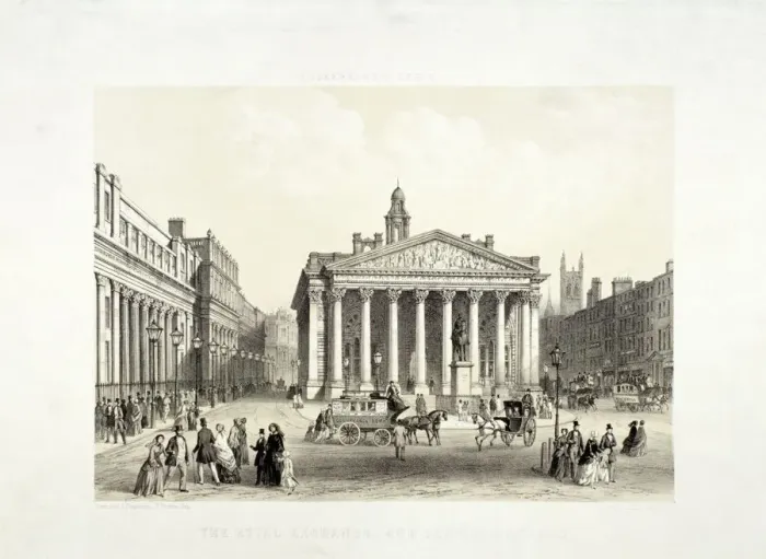 Framed Print : Royal Exchange and the Bank of England on the left, London, 1851. Artist: Thomas Picken Framed Print : Royal Exchange and the Bank of England on the left, London, 1851. Artist: Thomas Picken