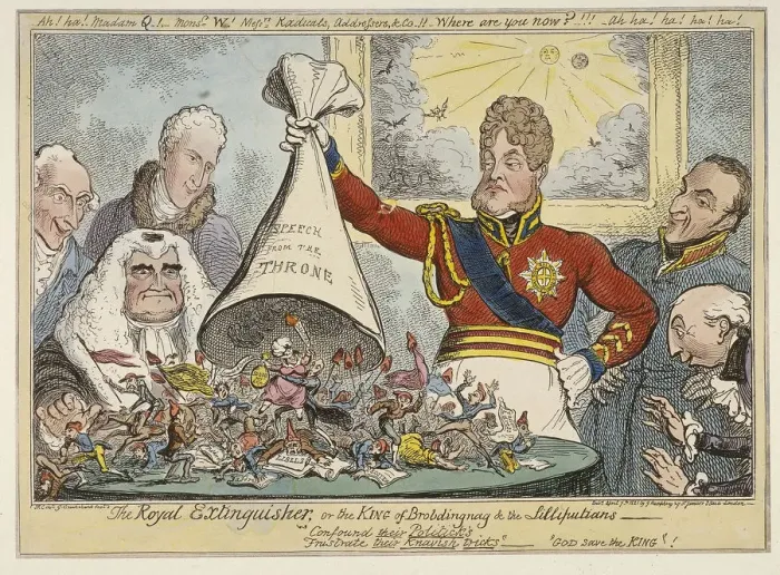 Framed Print : The Royal Extinguisher, or the King of Brobdingnag & the Lilliputians, 1821 Framed Print : The Royal Extinguisher, or the King of Brobdingnag & the Lilliputians, 1821