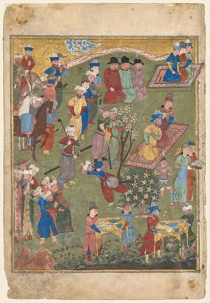 Royal Feast in a Garden (recto) from the double-page frontispiece of a Shahnama