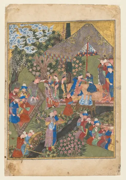 Framed Print : Royal Feast in a Garden, verso of right folio from the double-page frontispiece Framed Print : Royal Feast in a Garden, verso of right folio from the double-page frontispiece