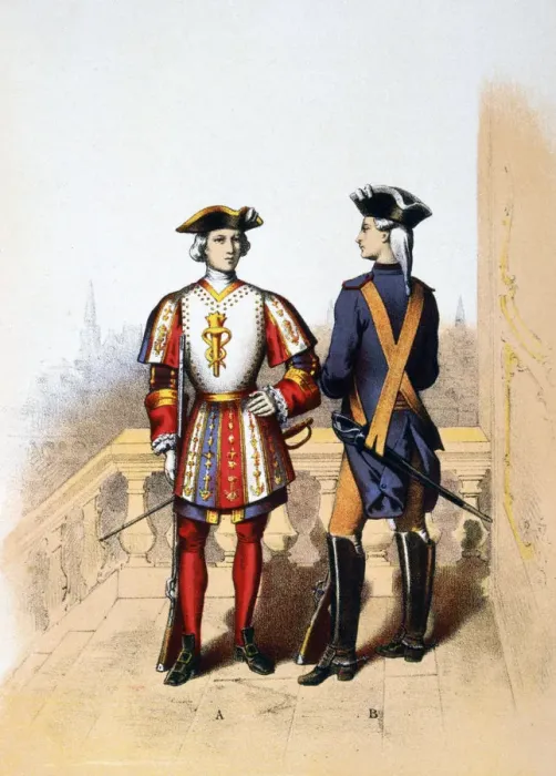 Framed Print : Royal guard to the king, and cavalier, 18th century (1887). Artist: A Lemercier Framed Print : Royal guard to the king, and cavalier, 18th century (1887). Artist: A Lemercier