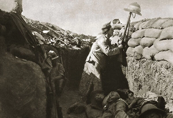 A Royal Irish Fusilier teases a Turkish sniper, Gallipoli, Turkey, World War I, c1915-c1916