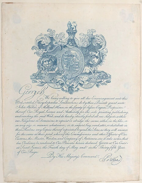 Royal Licence and Copyright for Encyclopaedia Londinesis, 19th century. 19th century. Creator: Anon