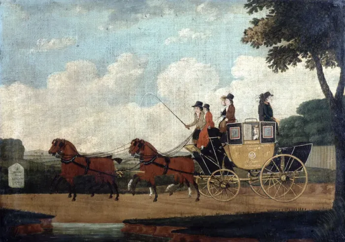 Framed Print : The Royal Mail Coach, Chelmsford to London, 1799. Artist: John Cordrey Framed Print : The Royal Mail Coach, Chelmsford to London, 1799. Artist: John Cordrey