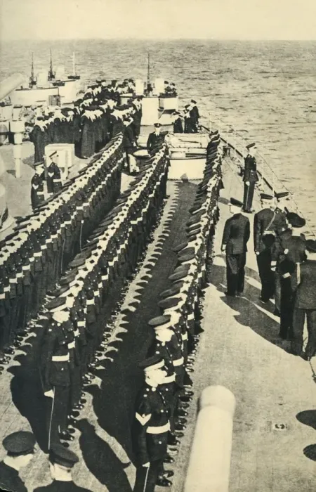 Framed Print : Royal Marines lined up on parade on board a ship, World War II, c1939-c1943 (1944) Framed Print : Royal Marines lined up on parade on board a ship, World War II, c1939-c1943 (1944)