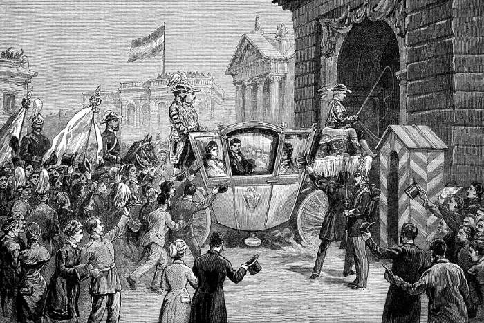 Framed Print : The Royal Marriage at Berlin: arrival of the newly married pair at the Grand Schloss, Potsdam, 1881. Creator: Unknown Framed Print : The Royal Marriage at Berlin: arrival of the newly married pair at the Grand Schloss, Potsdam, 1881. Creator: Unknown