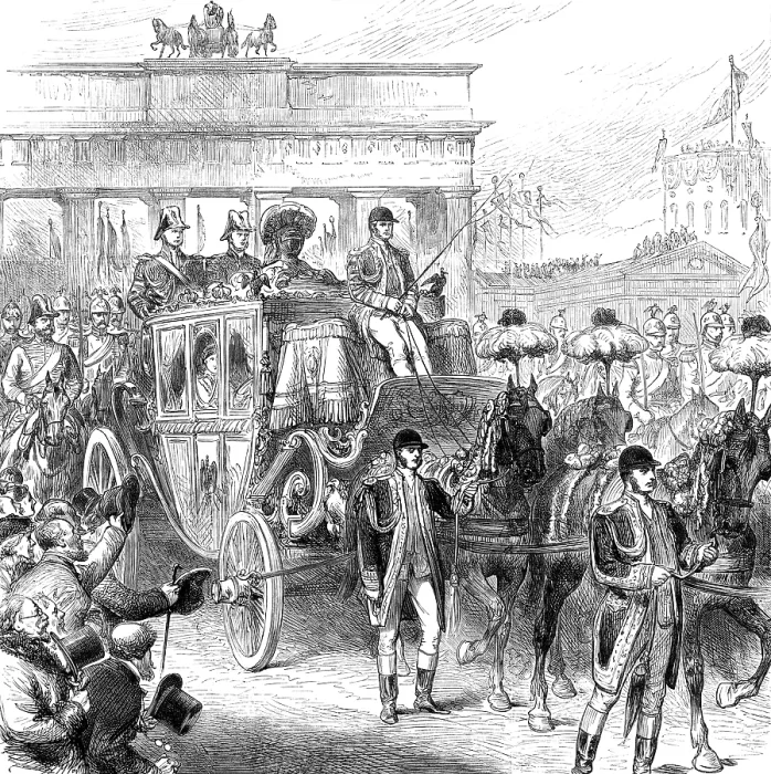 Framed Print : Royal Marriage - state entry of the bride into Berlin: procession passing the Brandenburg Gate, 1881 Creator: Unknown Framed Print : Royal Marriage - state entry of the bride into Berlin: procession passing the Brandenburg Gate, 1881 Creator: Unknown