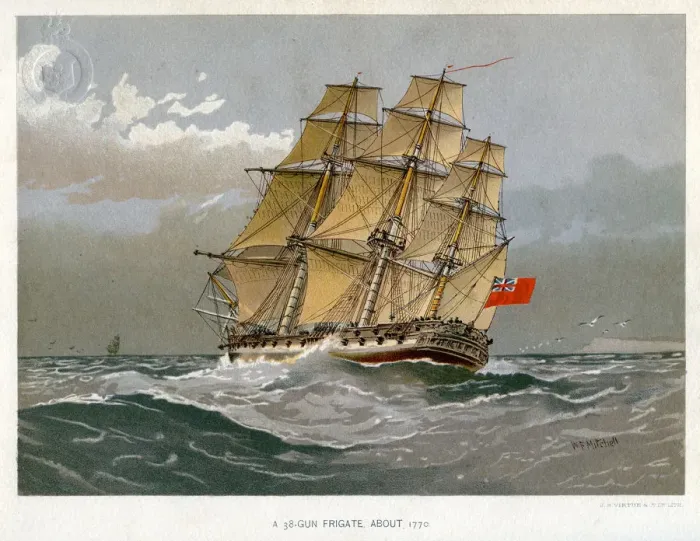 Framed Print : A Royal Navy 38 gun frigate, c1770 (c1890-c1893). Artist: William Frederick Mitchell Framed Print : A Royal Navy 38 gun frigate, c1770 (c1890-c1893). Artist: William Frederick Mitchell