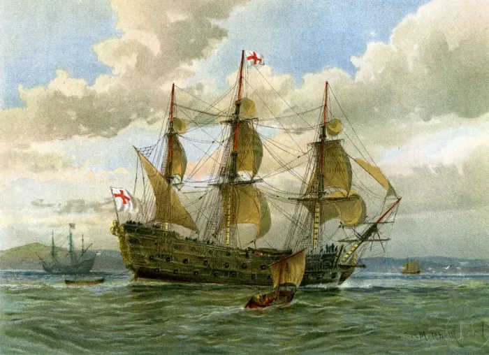 Framed Print : Royal Navy battle ship, c1650 (c1890-c1893). Artist: William Frederick Mitchell