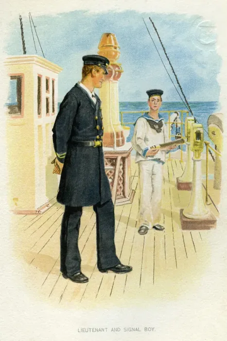 Framed Print : Royal Navy Lieutenant and signal boy, c1890-c1893 Framed Print : Royal Navy Lieutenant and signal boy, c1890-c1893