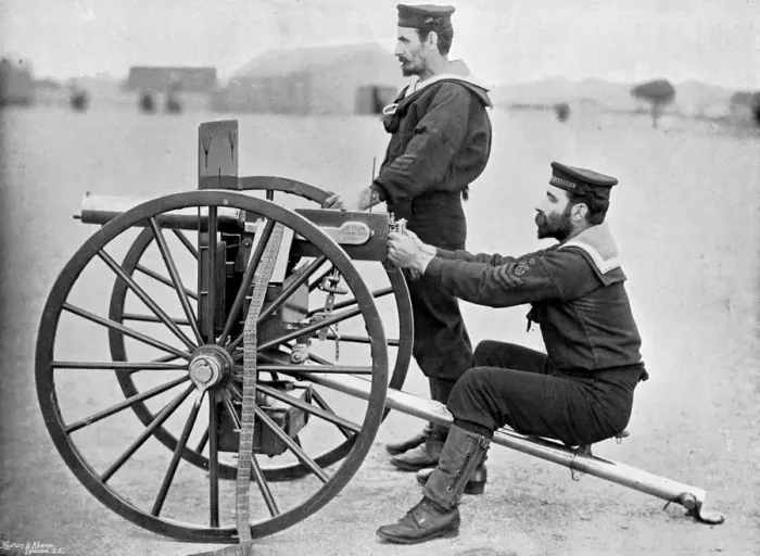 Framed Print : Royal Navy Maxim gun practice at Whale island, Portsmouth, Hampshire, 1896. Artist: Gregory & Co Framed Print : Royal Navy Maxim gun practice at Whale island, Portsmouth, Hampshire, 1896. Artist: Gregory & Co