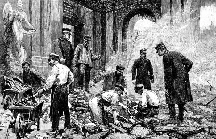 Framed Print : The Royal Palace of Laeken, Brussels, destroyed by fire: searching for valuables, 1890. Creator: R. Taylor Framed Print : The Royal Palace of Laeken, Brussels, destroyed by fire: searching for valuables, 1890. Creator: R. Taylor