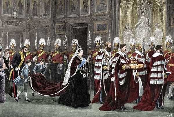 The royal procession in Westminster Palace on the way to the House of Lords, 1886, (1900)
