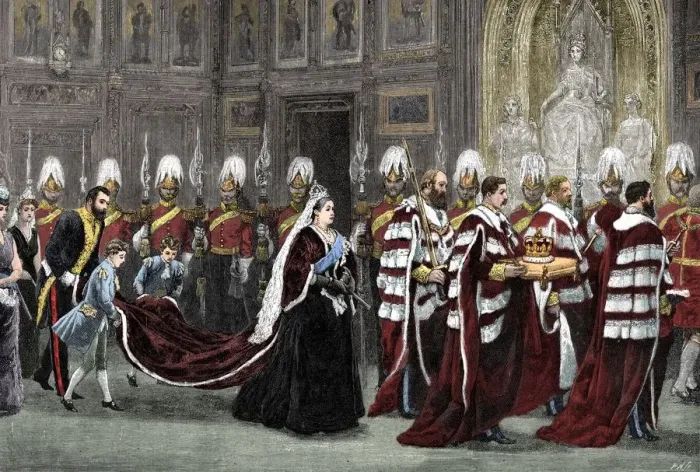 Framed Print : The royal procession in Westminster Palace on the way to the House of Lords, 1886, (1900) Framed Print : The royal procession in Westminster Palace on the way to the House of Lords, 1886, (1900)