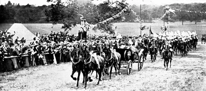 Framed Print : The Royal Review...in Worsley Park:the arrival of the King and Queen... 1909. Creator: Topical Press Agency Framed Print : The Royal Review...in Worsley Park:the arrival of the King and Queen... 1909. Creator: Topical Press Agency