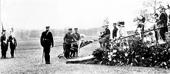 Framed Print : The Royal Review...in Worsley Park:the King touching the staffs... 1909. Creator: Topical Press Agency Framed Print : The Royal Review...in Worsley Park:the King touching the staffs... 1909. Creator: Topical Press Agency