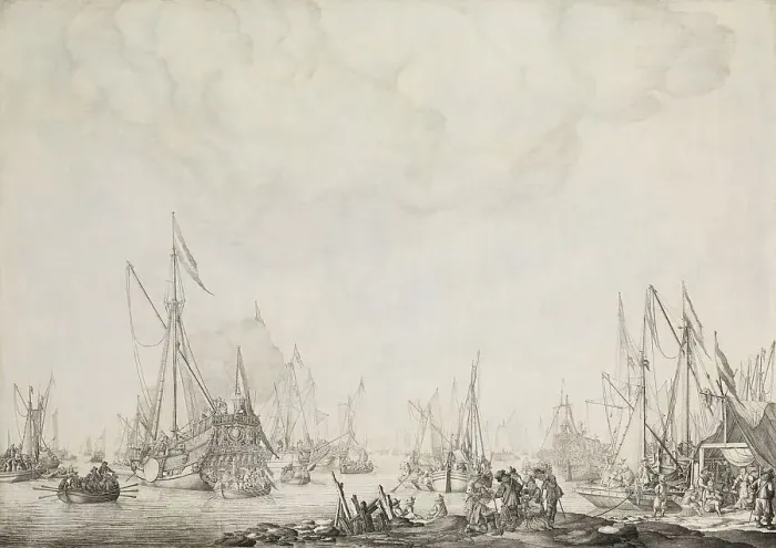 Framed Print : The Royal and State Yachts, possibly the Arrival of Charles II of England at Moerdijk, 1660, 1660-16 Creator: Willem van de Velde I Framed Print : The Royal and State Yachts, possibly the Arrival of Charles II of England at Moerdijk, 1660, 1660-16 Creator: Willem van de Velde I