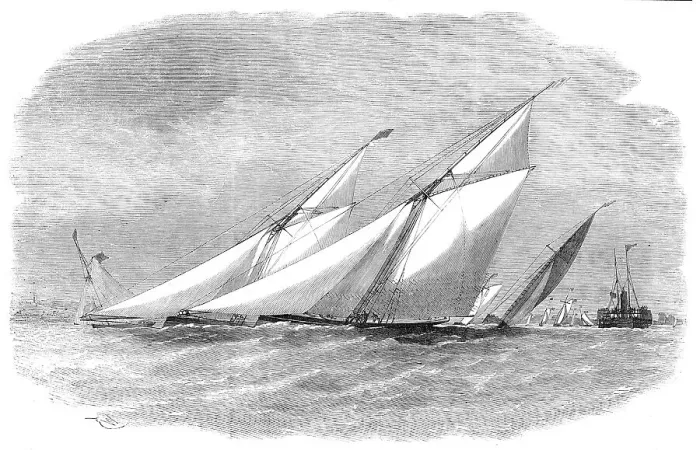 Framed Print : The Royal Thames Yacht Club Match - the Yachts passing Grays, 1856. Creator: Unknown Framed Print : The Royal Thames Yacht Club Match - the Yachts passing Grays, 1856. Creator: Unknown
