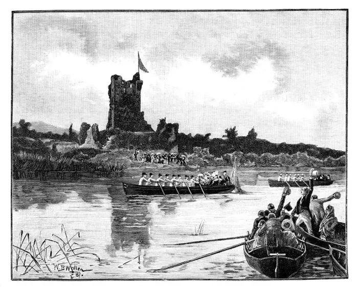 Framed Print : The Royal tour in Ireland, visit to Ross Castle, Killarney, 1887. Artist: William Barnes Wollen Framed Print : The Royal tour in Ireland, visit to Ross Castle, Killarney, 1887. Artist: William Barnes Wollen