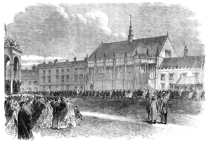 Framed Print : The Royal Visit to Cambridge - college boat clubs marching past the Prince and Princess... 1864. Creator: Unknown Framed Print : The Royal Visit to Cambridge - college boat clubs marching past the Prince and Princess... 1864. Creator: Unknown