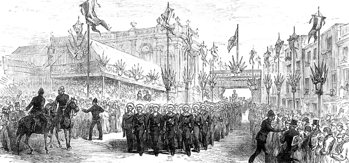 Framed Print : The Royal Visit to Swansea: the march past of volunteers at the Townhall, 1881. Creator: Unknown Framed Print : The Royal Visit to Swansea: the march past of volunteers at the Townhall, 1881. Creator: Unknown
