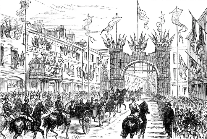 Framed Print : The Royal Visit to Swansea: the procession passing the Old City Arch, 1881. Creator: Unknown Framed Print : The Royal Visit to Swansea: the procession passing the Old City Arch, 1881. Creator: Unknown