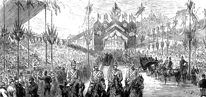 Framed Print : The Royal Visit to Swansea: singing the 'Welcome, Prince!' at the Masonic Stands, 1881. Creator: Unknown Framed Print : The Royal Visit to Swansea: singing the 'Welcome, Prince!' at the Masonic Stands, 1881. Creator: Unknown