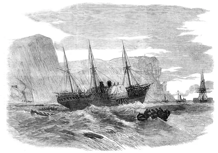 Framed Print : The Royal West India Mail Steamer Tyne on shore at St. Alban's Head, 1857. Creator: Unknown. The Royal West India Mail Steamer Tyne on shore at St. Alban's Head, 1857. Creator: Unknown Framed Print : The Royal West India Mail Steamer Tyne on shore at St. Alban's Head, 1857. Creator: Unknown. The Royal West India Mail Steamer Tyne on shore at St. Alban's Head, 1857. Creator: Unknown
