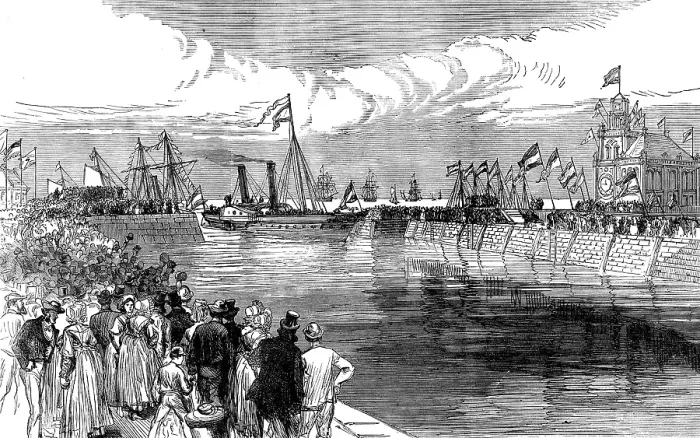 Framed Print : The Royal Yacht, with the King of Holland, entering the new docks at Flushing, 1873. Creator: Unknown Framed Print : The Royal Yacht, with the King of Holland, entering the new docks at Flushing, 1873. Creator: Unknown