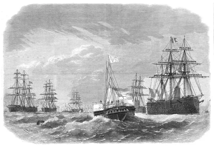 Framed Print : The Royal Yacht Osborne passing through...English squadrons of ironclads in Plymouth Sound, 1865. Creator: Smyth Framed Print : The Royal Yacht Osborne passing through...English squadrons of ironclads in Plymouth Sound, 1865. Creator: Smyth