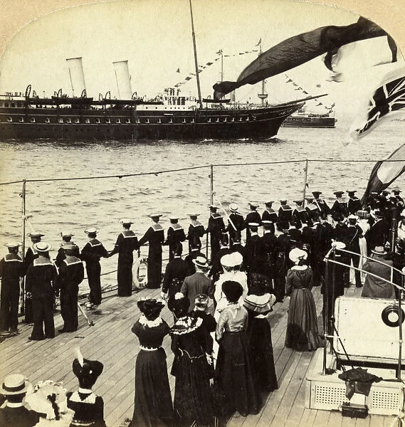 Royal Yacht passing the battleship HMS Nile, Coronation Review, Spithead, Hampshire, 1902. Artist: Underwood & Underwood