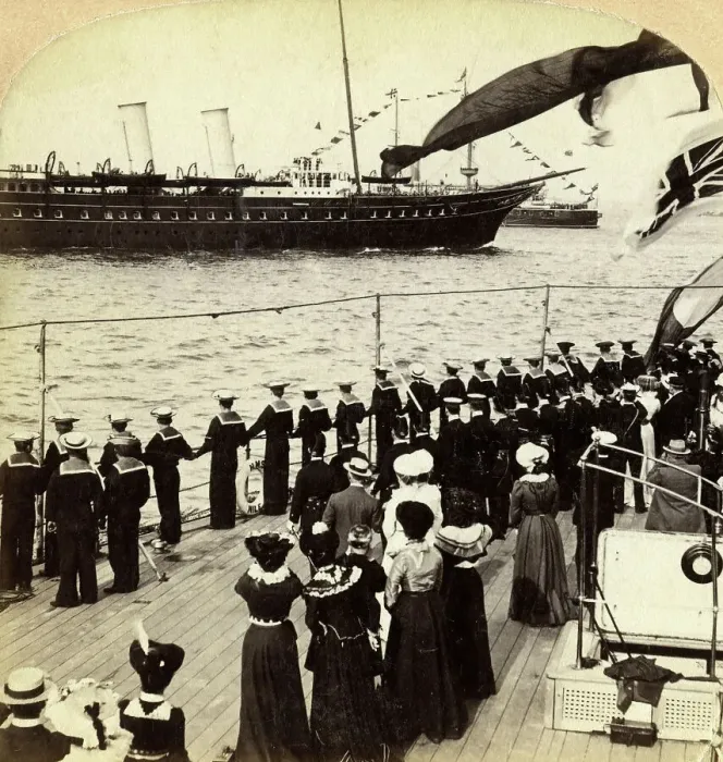 Framed Print : Royal Yacht passing the battleship HMS Nile, Coronation Review, Spithead, Hampshire, 1902. Artist: Underwood & Underwood Framed Print : Royal Yacht passing the battleship HMS Nile, Coronation Review, Spithead, Hampshire, 1902. Artist: Underwood & Underwood