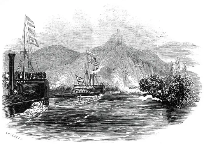 Framed Print : The Royal Yacht passing the Drachenfels, 1845. Creator: Ebenezer Landells Framed Print : The Royal Yacht passing the Drachenfels, 1845. Creator: Ebenezer Landells