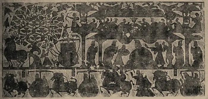 Framed Print : The rubbing from the carved stone chambers of the Wu Family in Shantung Province, 25-220. Creator: Central Asian Art Framed Print : The rubbing from the carved stone chambers of the Wu Family in Shantung Province, 25-220. Creator: Central Asian Art
