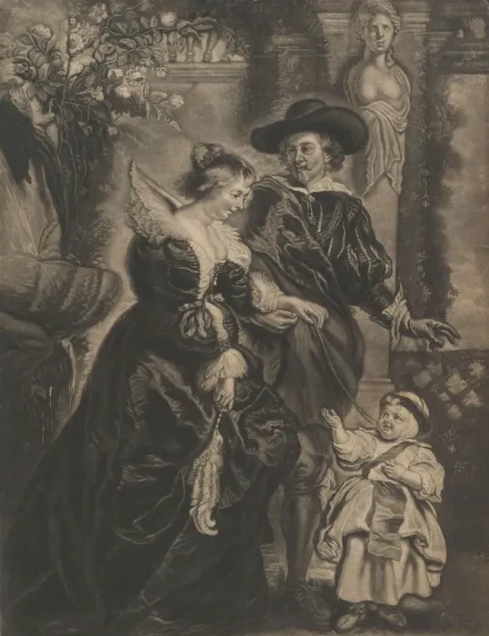 Framed Print : Rubens, his wife, Helena Fourment, and their child, ca. 1770. Creator: Charles Phillips Framed Print : Rubens, his wife, Helena Fourment, and their child, ca. 1770. Creator: Charles Phillips