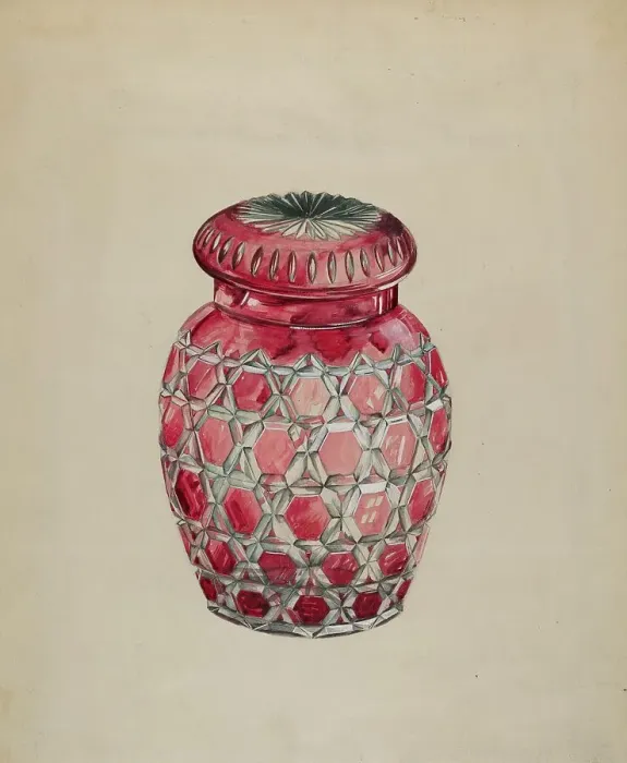 Framed Print : Ruby Case Glass Rose Jar, c. 1936. Creator: Edward D. Williams Framed Print : Ruby Case Glass Rose Jar, c. 1936. Creator: Edward D. Williams
