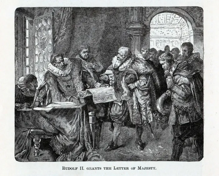 Framed Print : Rudolf II grants the Letter of Majesty, 1882. Artist: Anonymous Framed Print : Rudolf II grants the Letter of Majesty, 1882. Artist: Anonymous